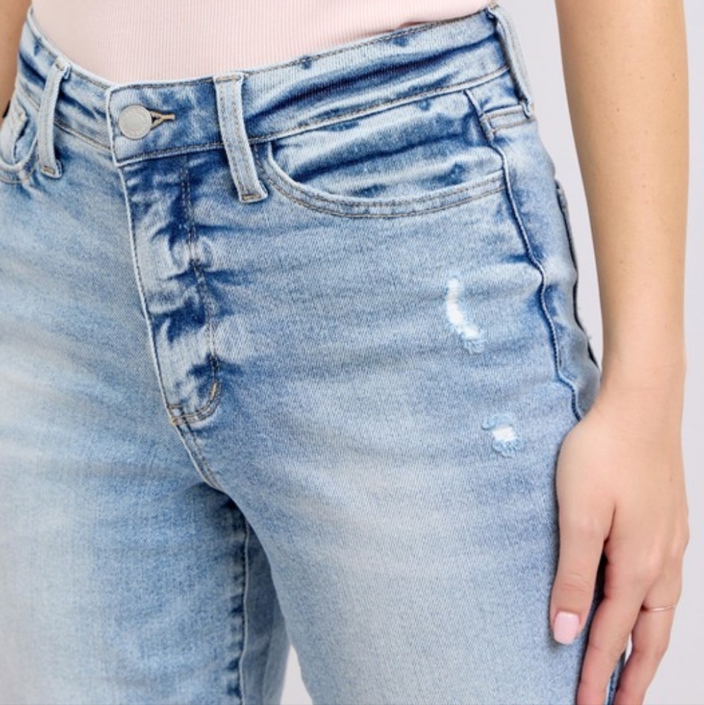 Judy Blue Mid-Rise Relax Dad Straight Leg Distressed Jeans Raw Hem Denim Pants - Picture 7 of 16